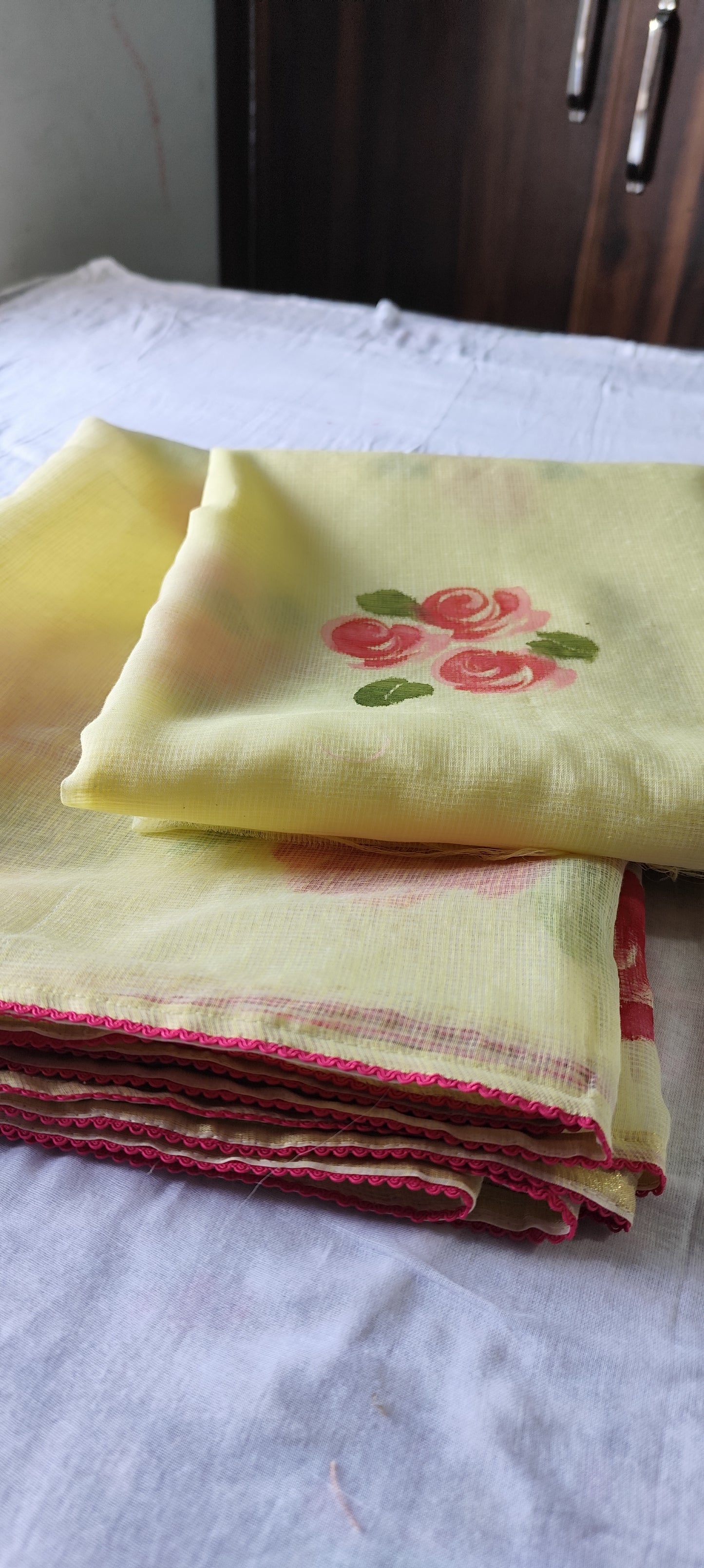Lemon Handpainted roses on kota doria suit