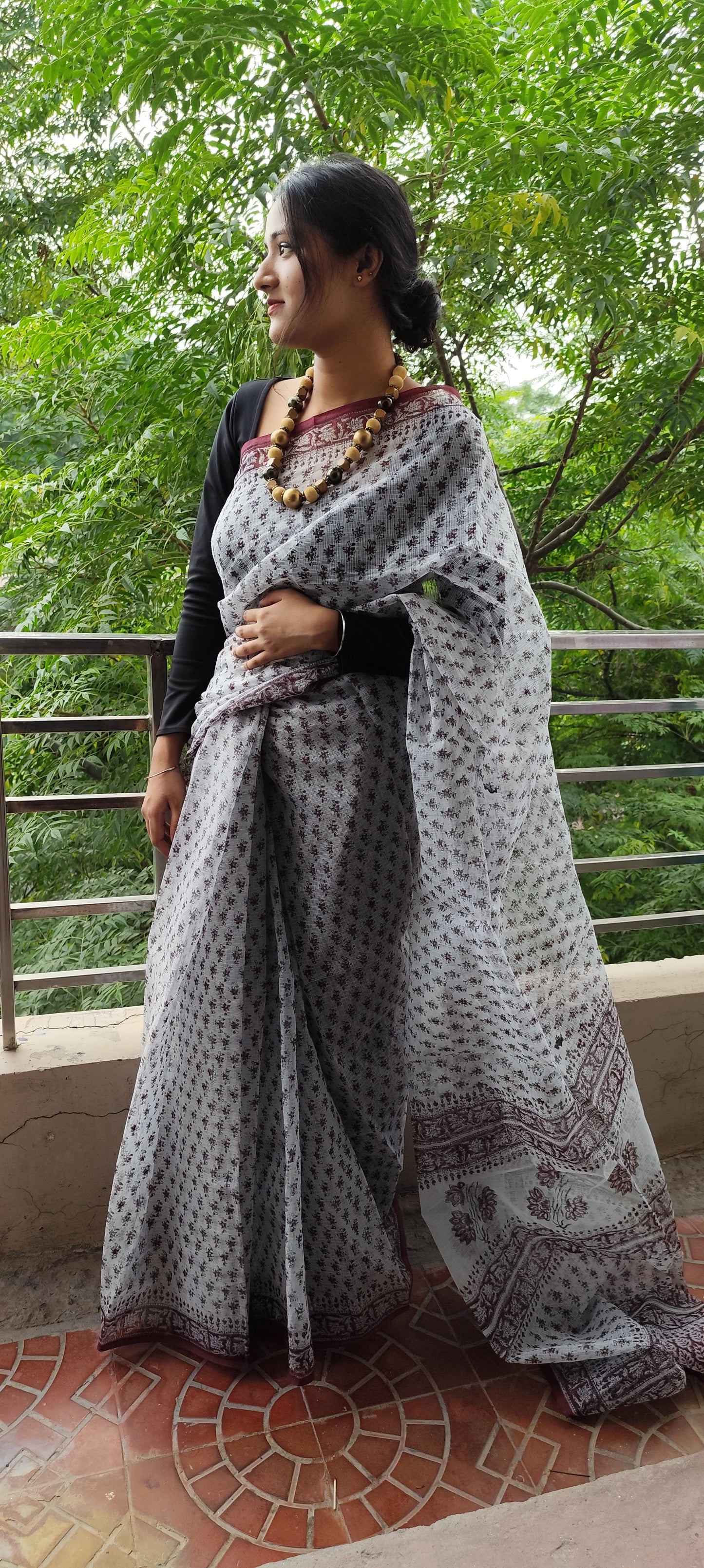 Grey Hand block pure kota saree with tassels