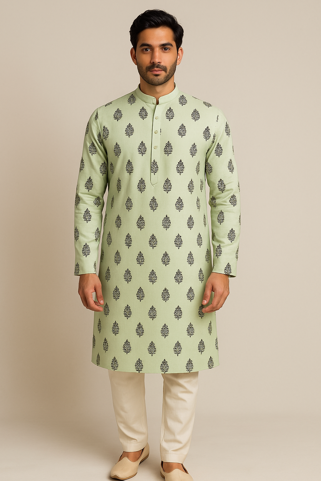 Pista colour handblock kurta pajama for men