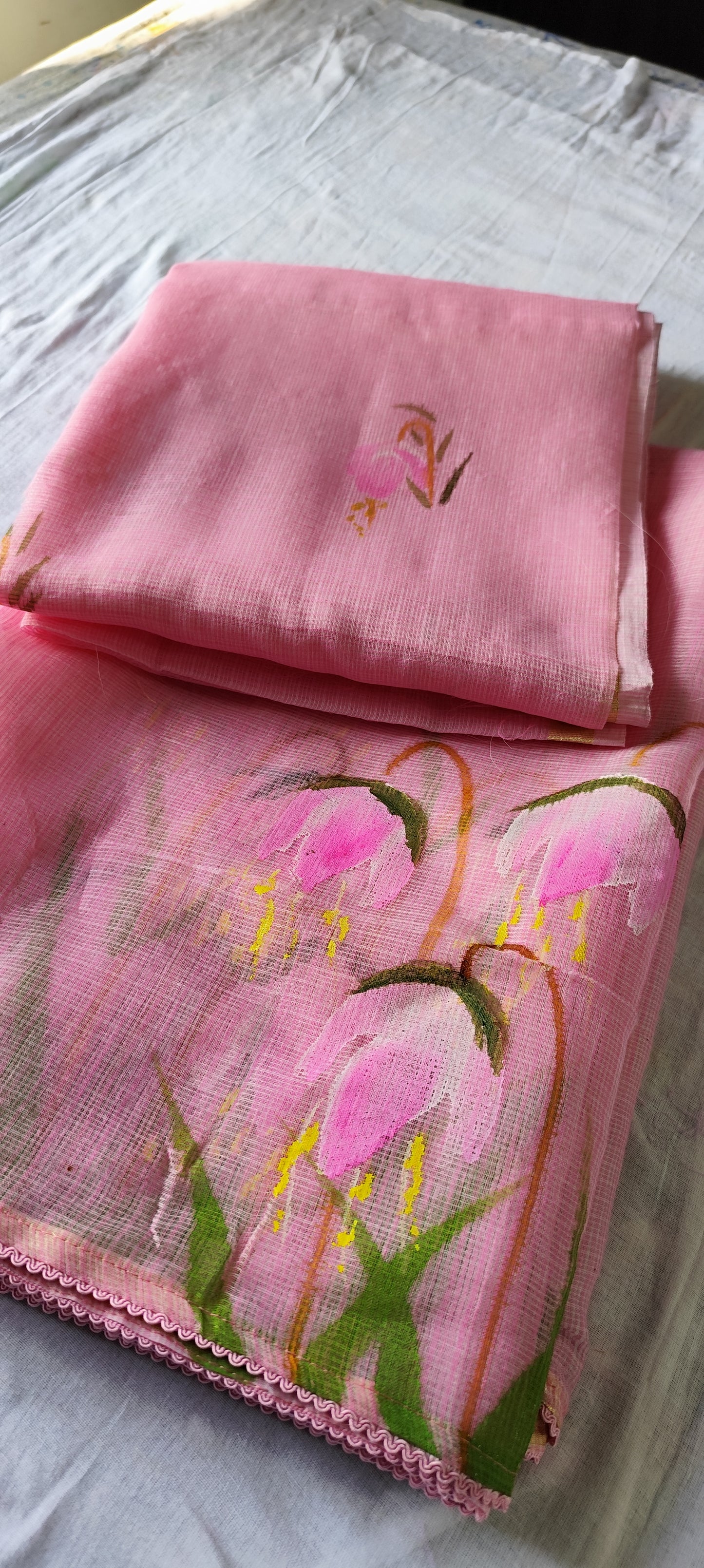 Hand painted  pink blossoms flower on kota doria.