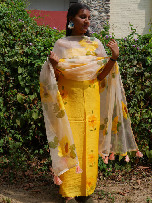 Handpainted sunflower on yellow chanderi suit and organza dupatta