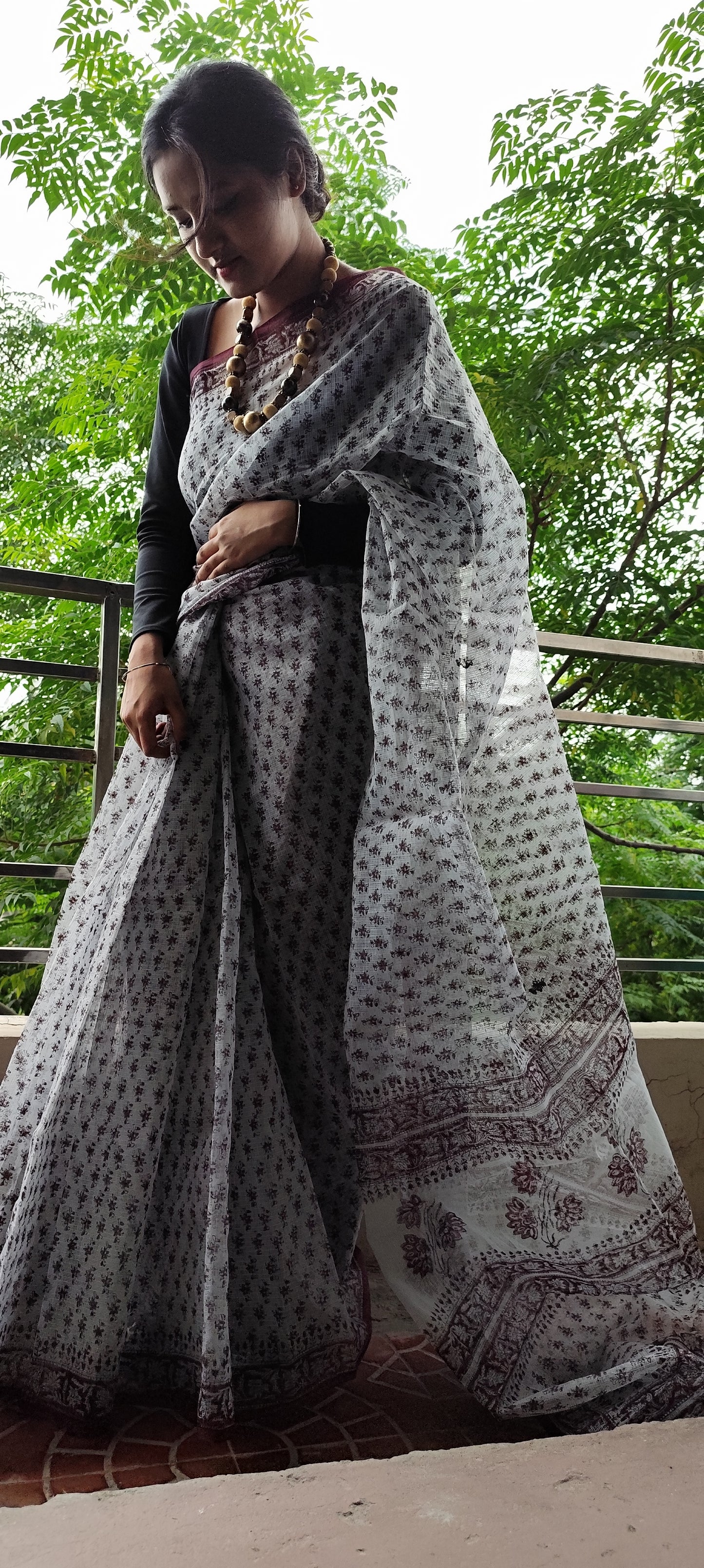 Grey Hand block pure kota saree with tassels