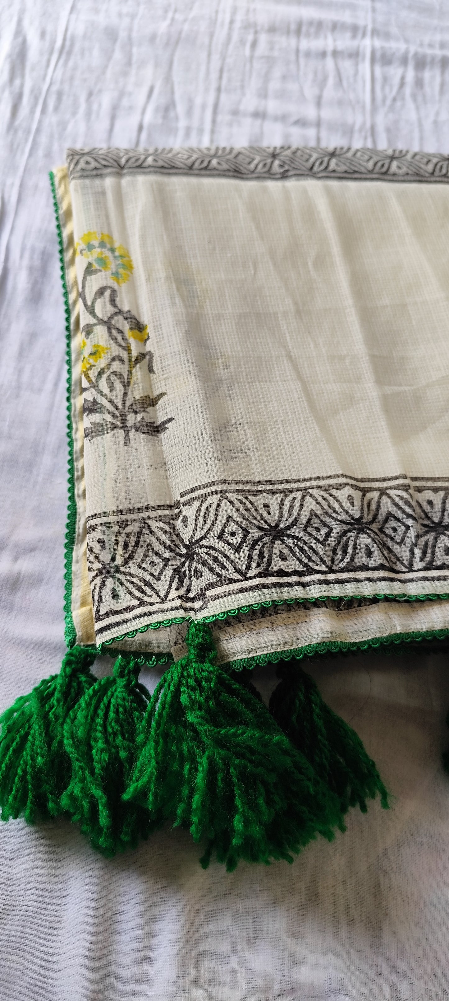Handblock chanderi silk suit with green leaves