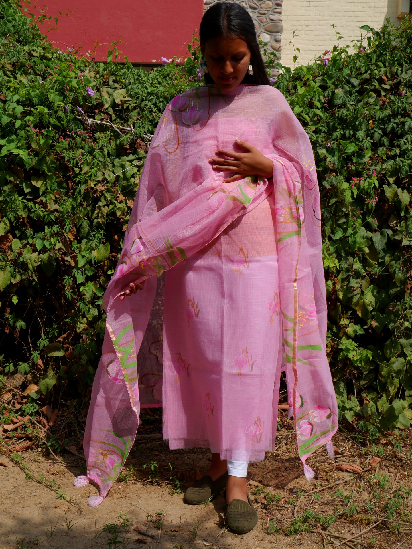 Hand painted  pink blossoms flower on kota doria.
