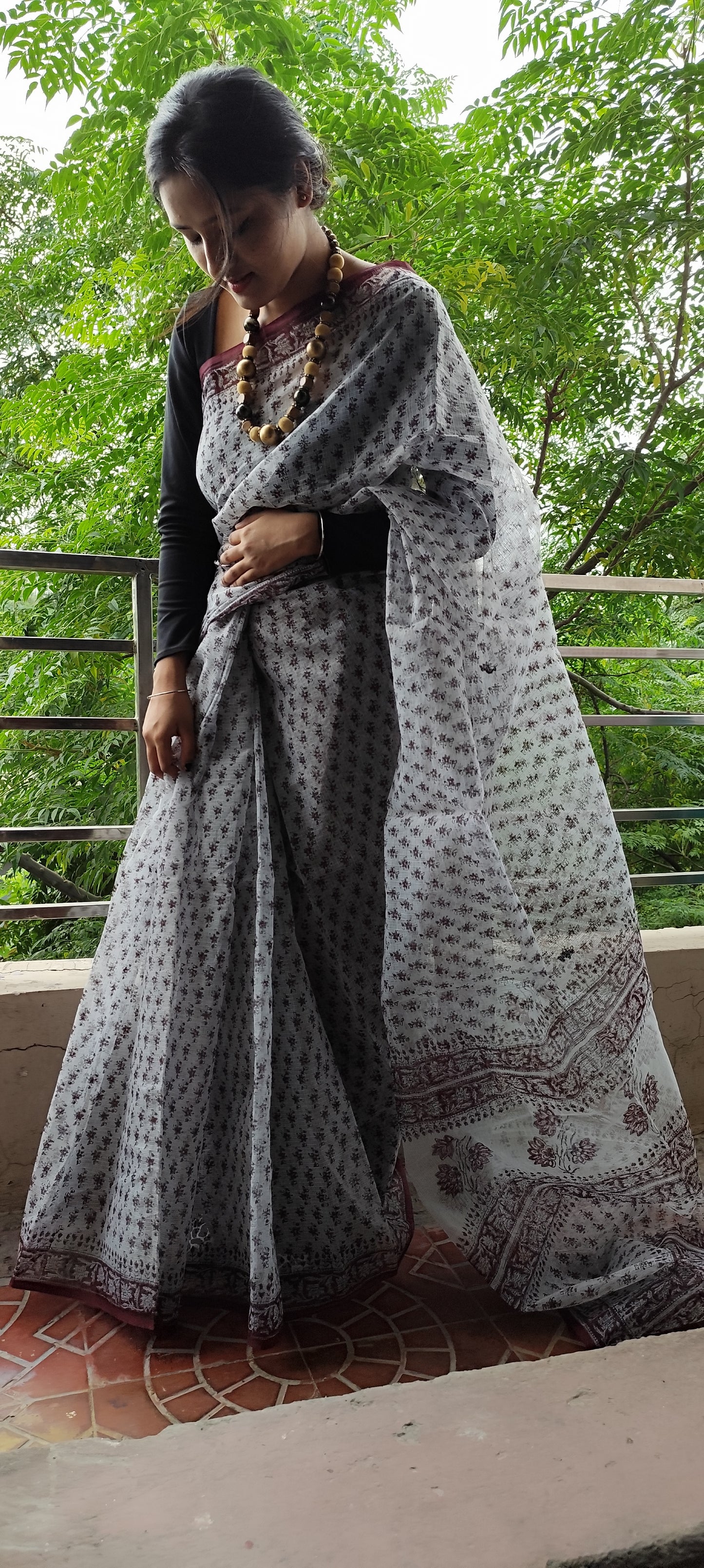 Grey Hand block pure kota saree with tassels