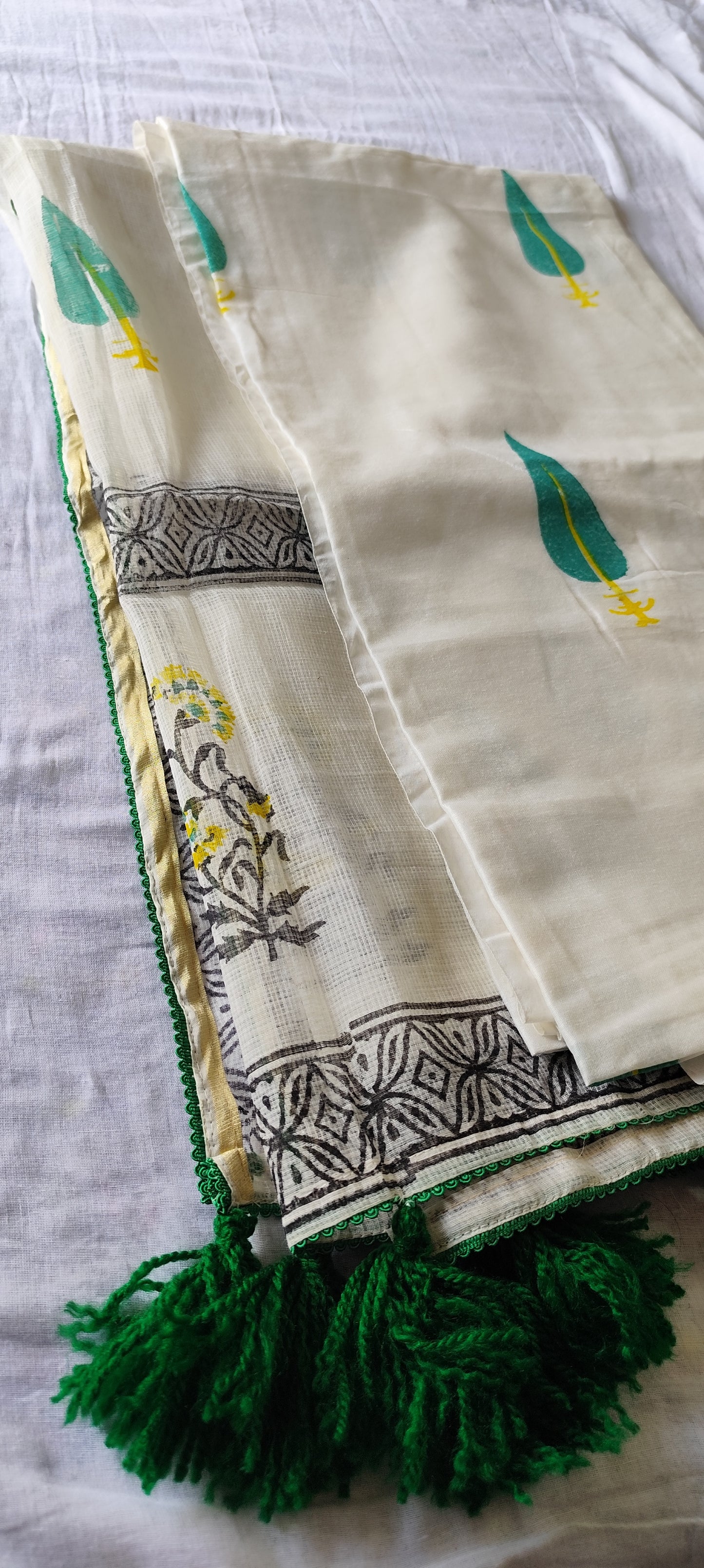 Handblock chanderi silk suit with green leaves