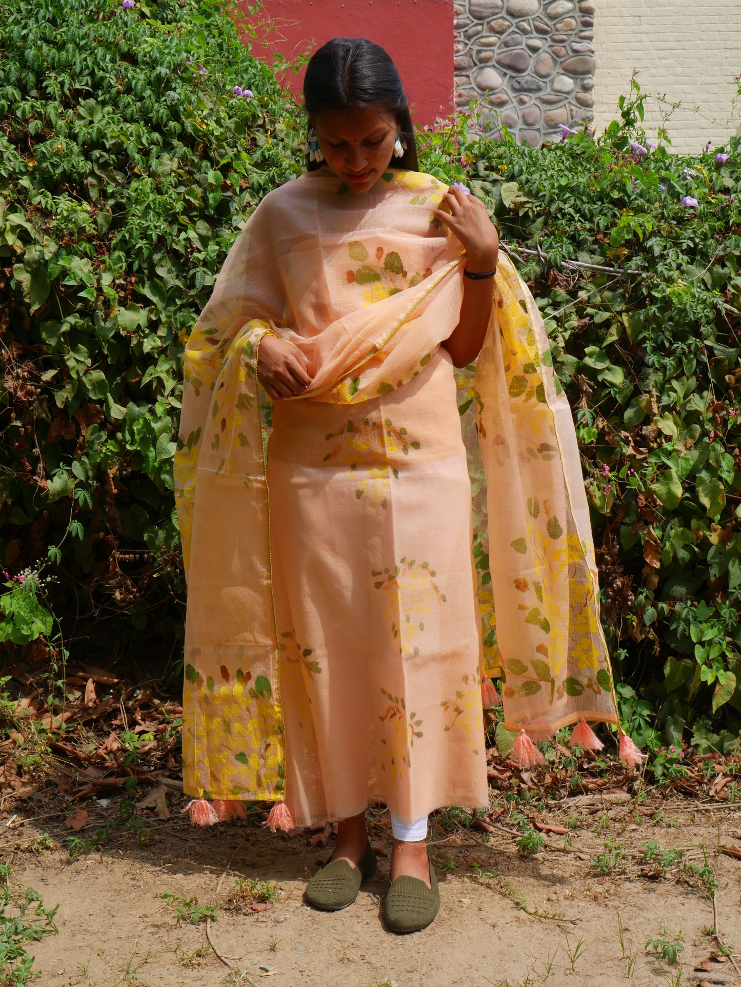 Handpainted amaltas on peach kota doria suit