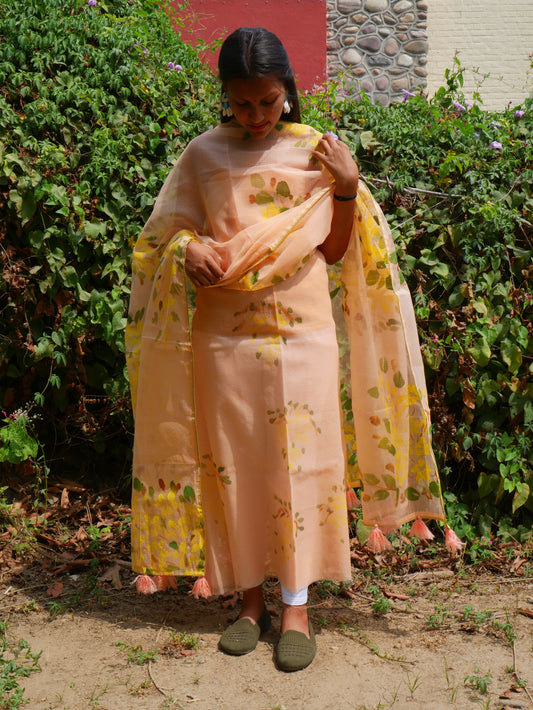 Handpainted amaltas on peach kota doria suit