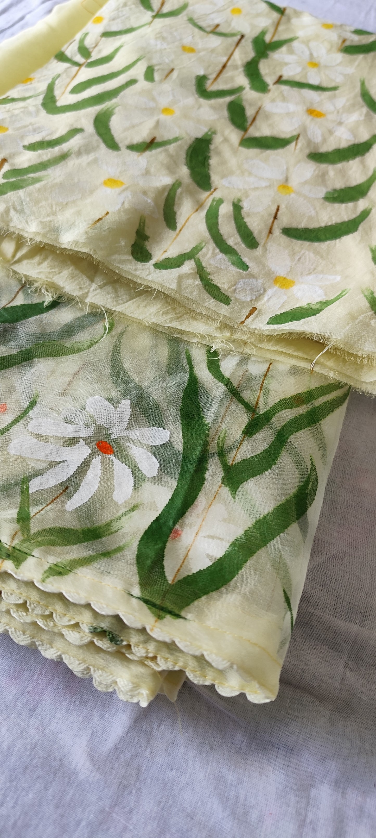 Pista green Handpainted white motifs on chanderi and organza dupatta.