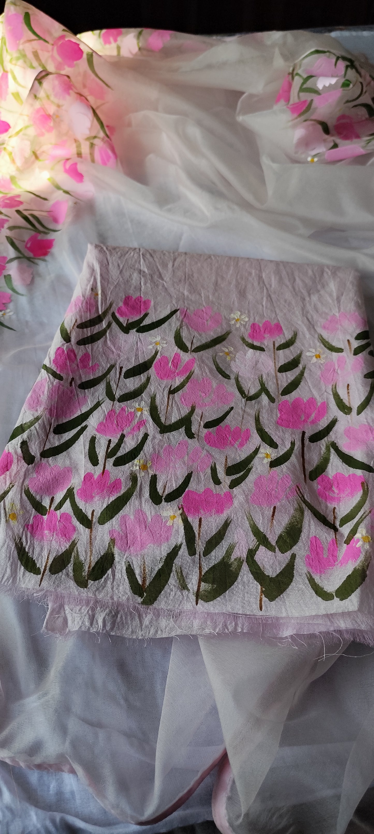 Hand painted pink blossoms on chanderi suit with organza dupatta