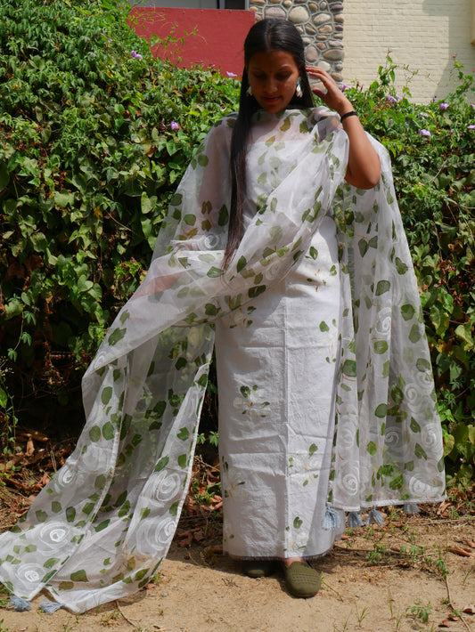 Handpainted white roses on chanderi suit with organza dupatta
