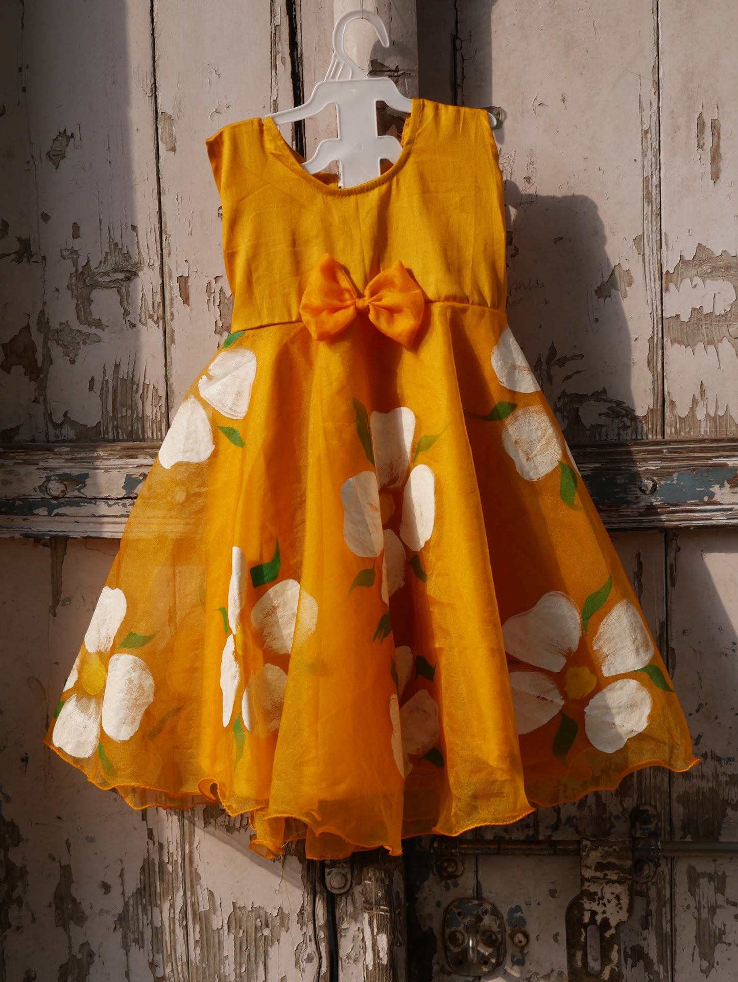 Yellow handpainted  toddler organza frock