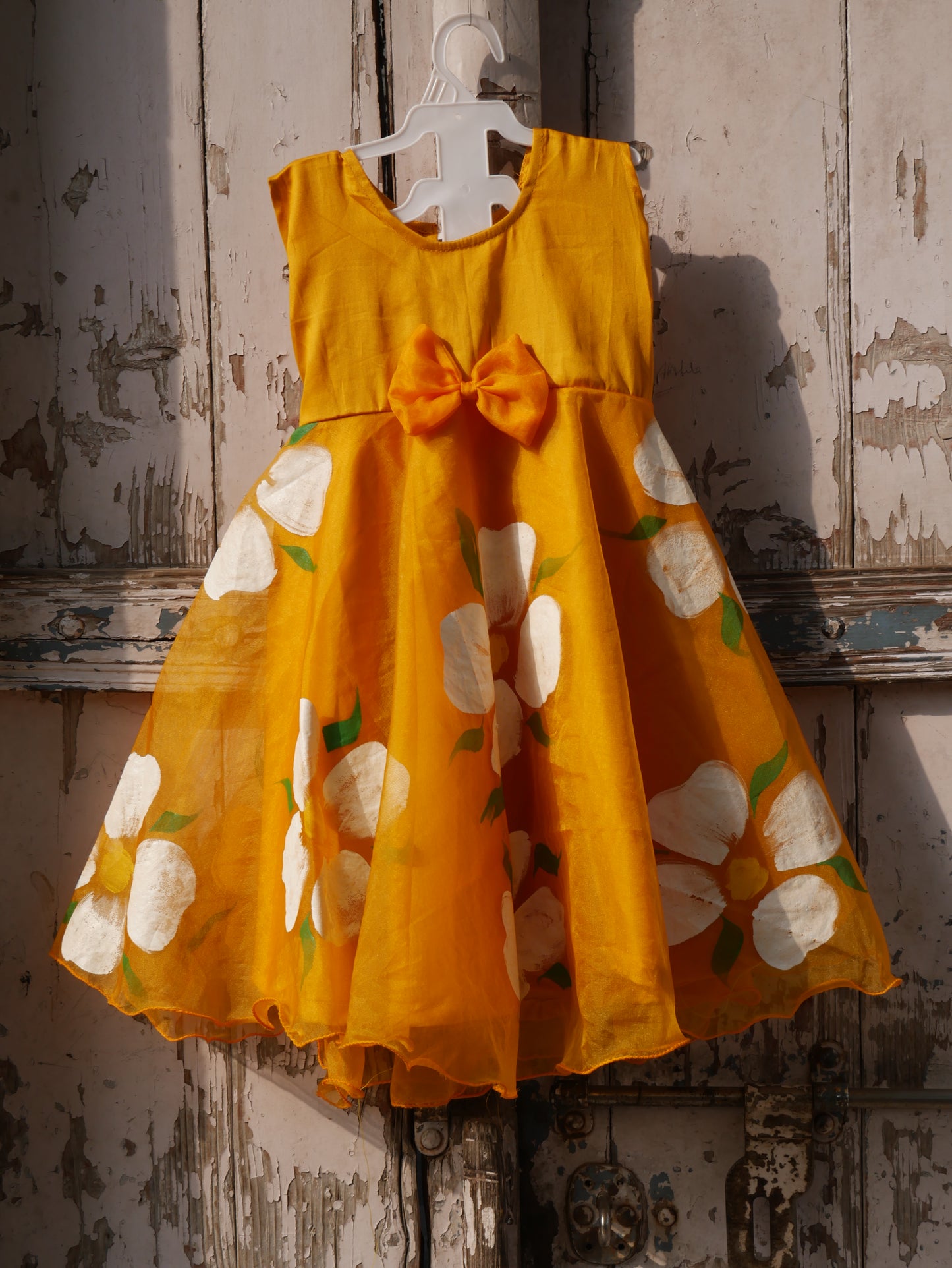 Yellow handpainted  toddler organza frock