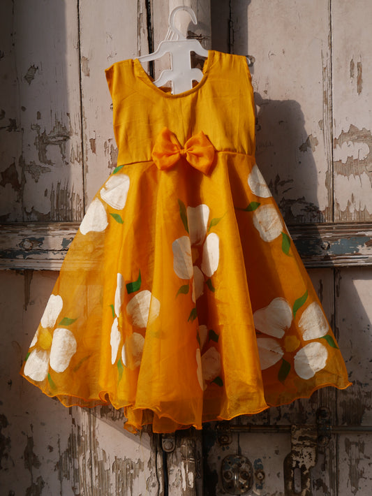 Yellow handpainted  toddler organza frock
