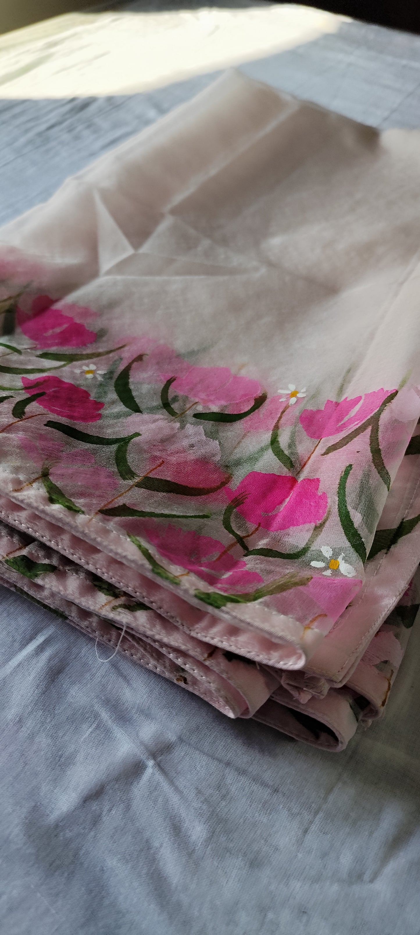Hand painted pink blossoms on chanderi suit with organza dupatta