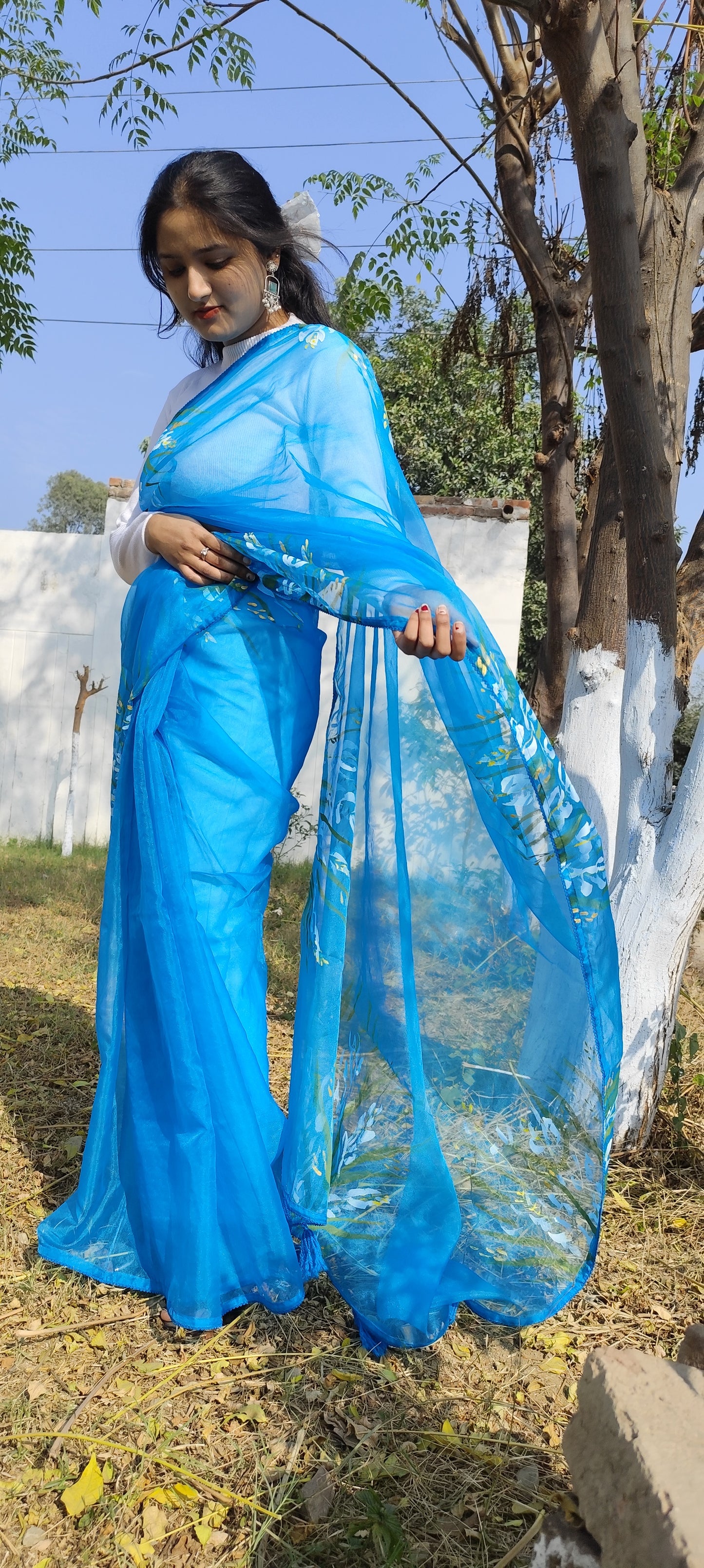 Sapphire Blue hand painted organza silk saree