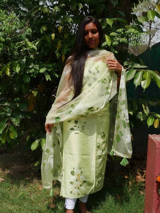 Hand painted roses on Pista green chanderi suit with organza dupatta
