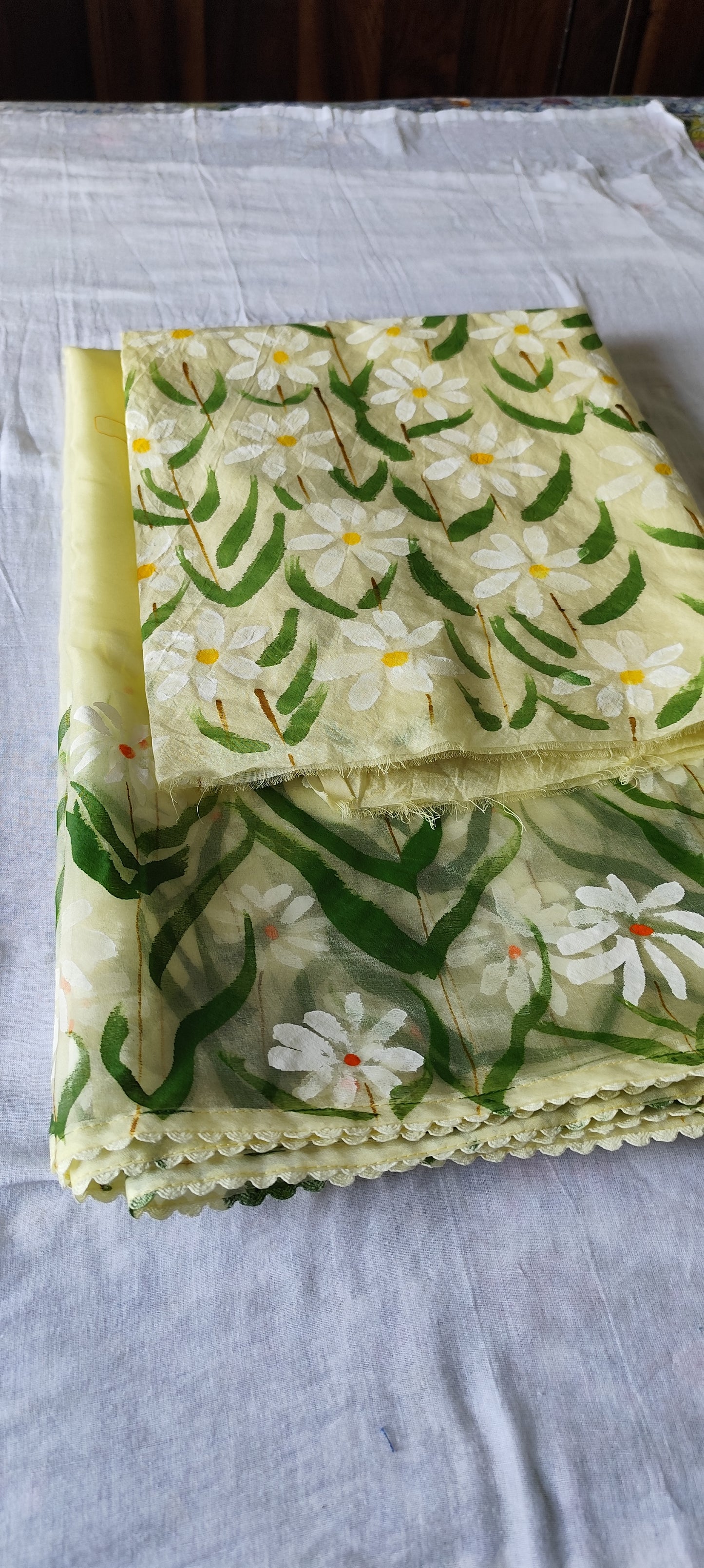 Pista green Handpainted white motifs on chanderi and organza dupatta.