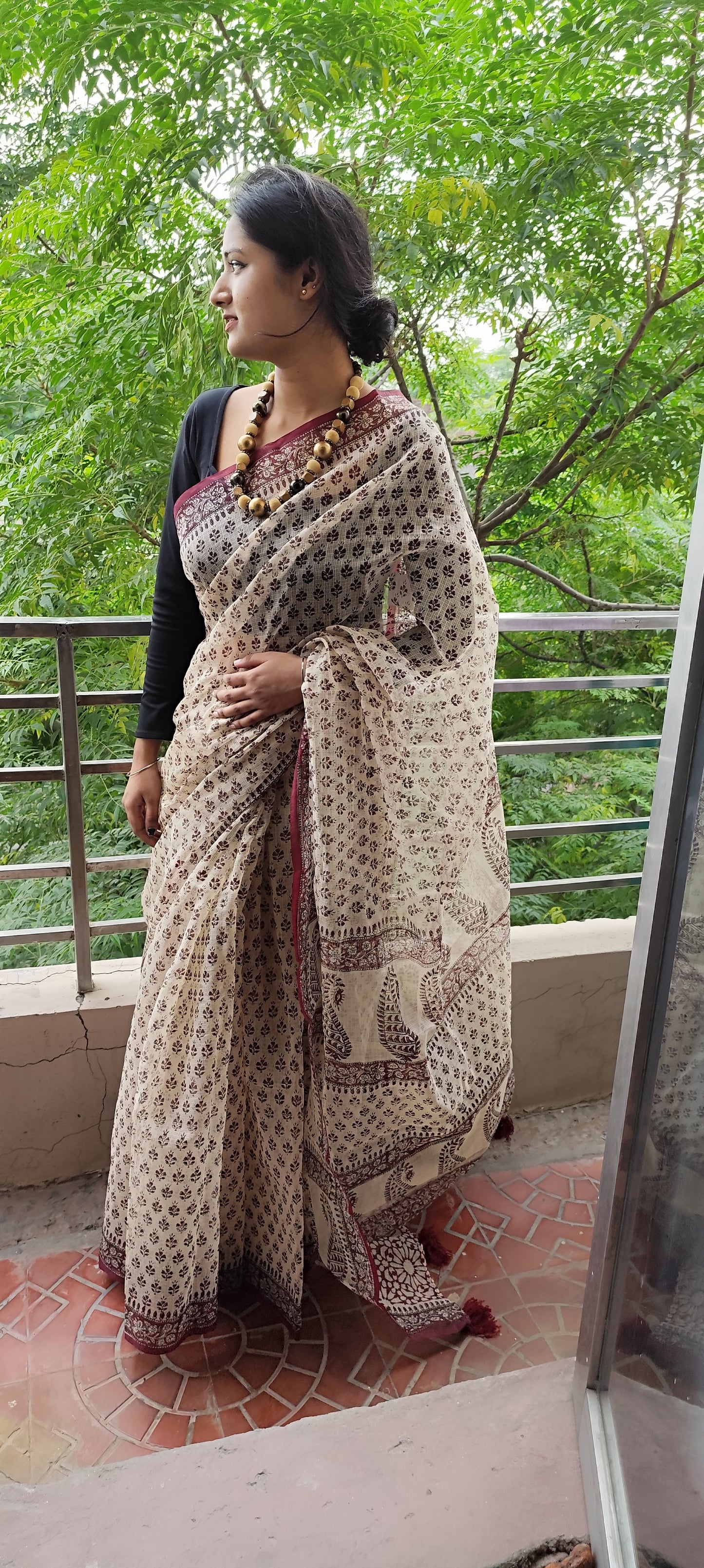 Mehroon border Hand block pure kota saree