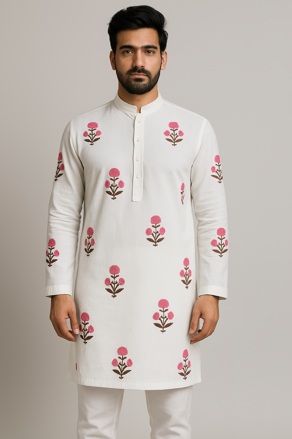 White cotton handblock kurta pajama for men