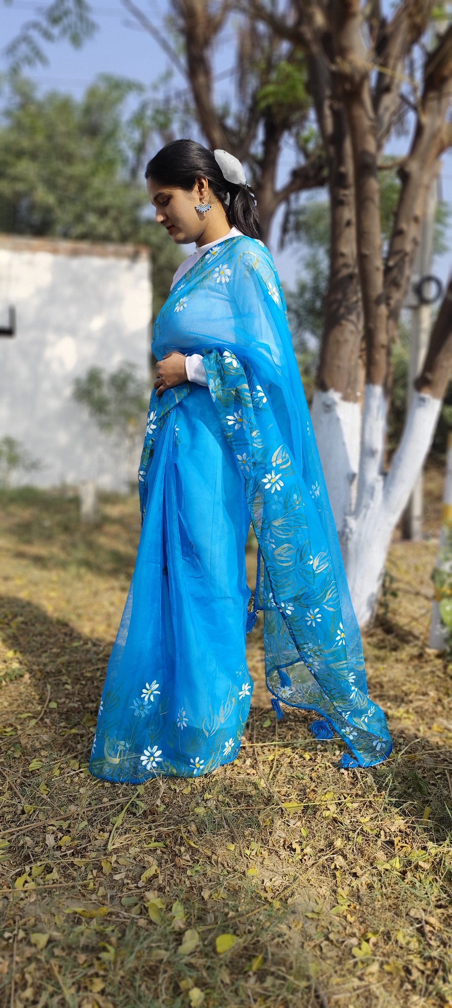 Sapphire Blue hand painted organza silk saree