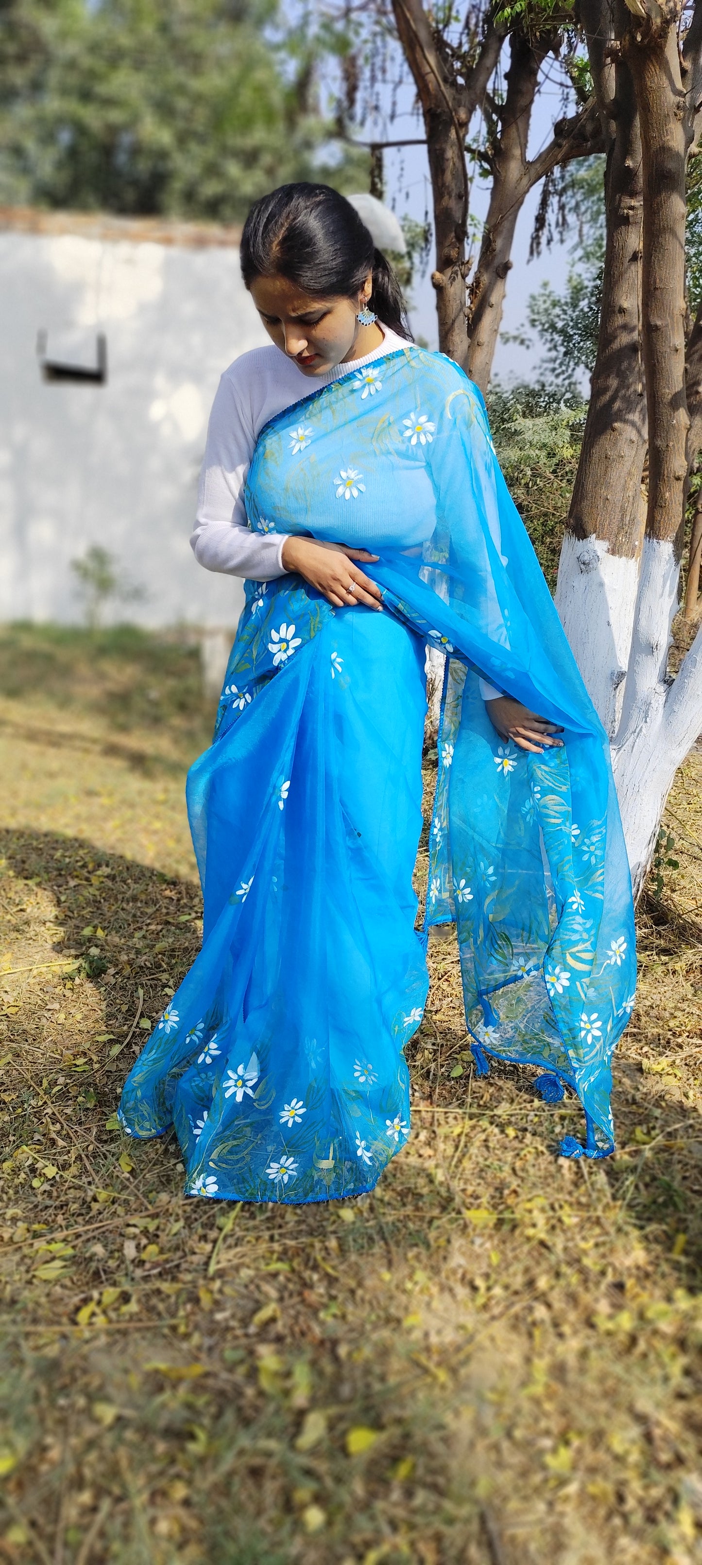 Sapphire Blue hand painted organza silk saree