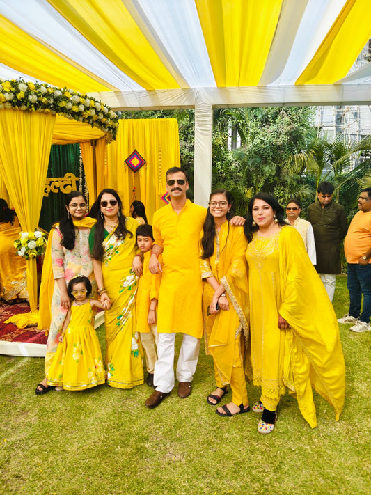 Hand painted Couple haldi combo outfit organza saree with kurta pajama