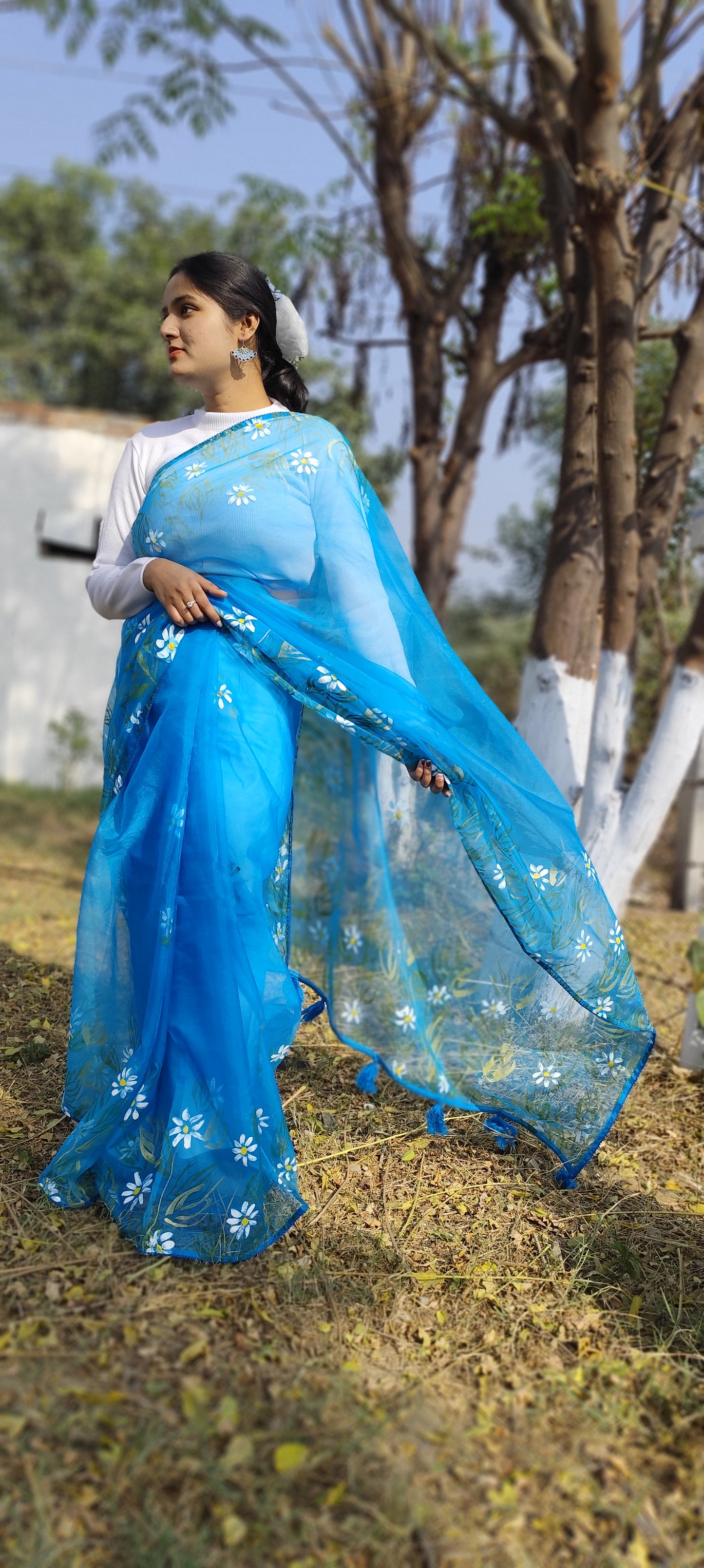 Sapphire Blue hand painted organza silk saree