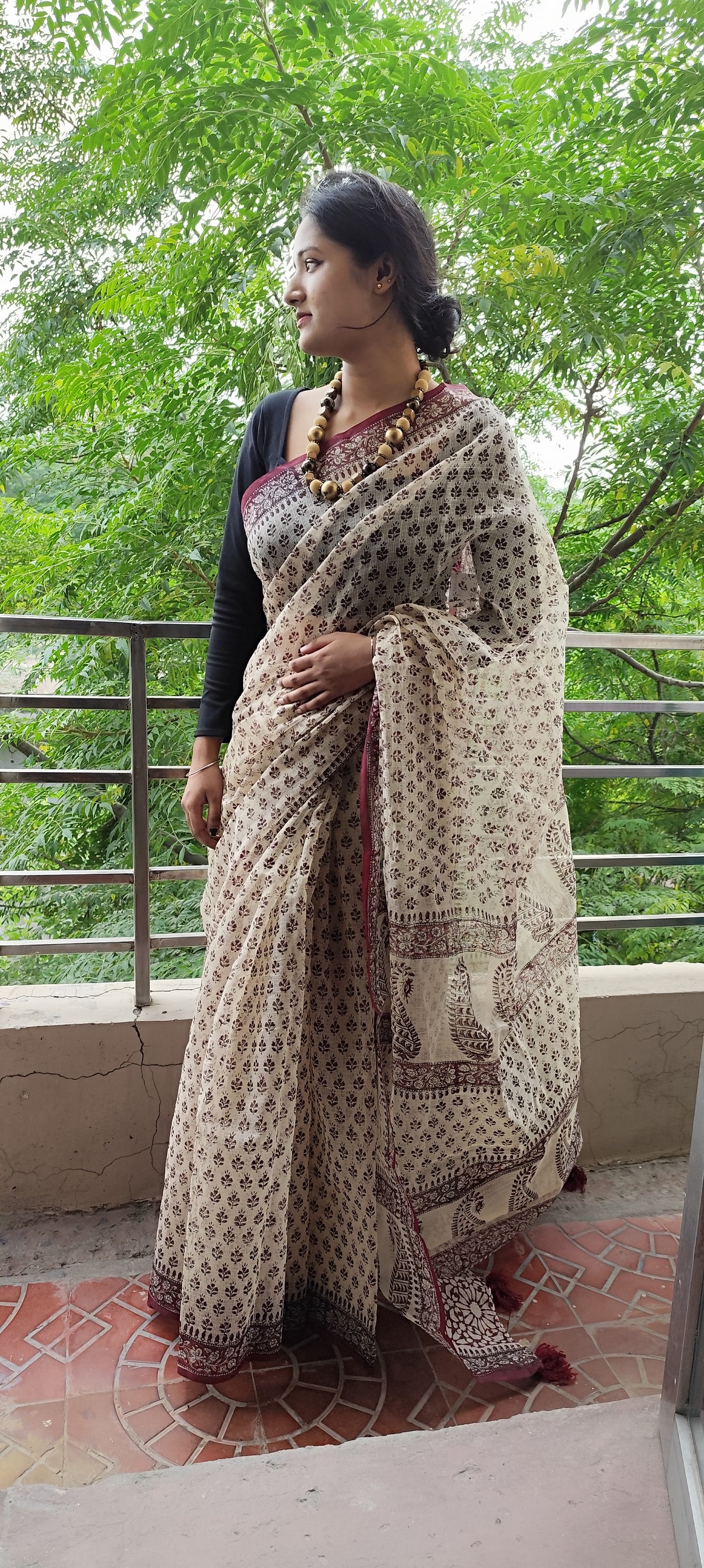 Mehroon border Hand block pure kota saree