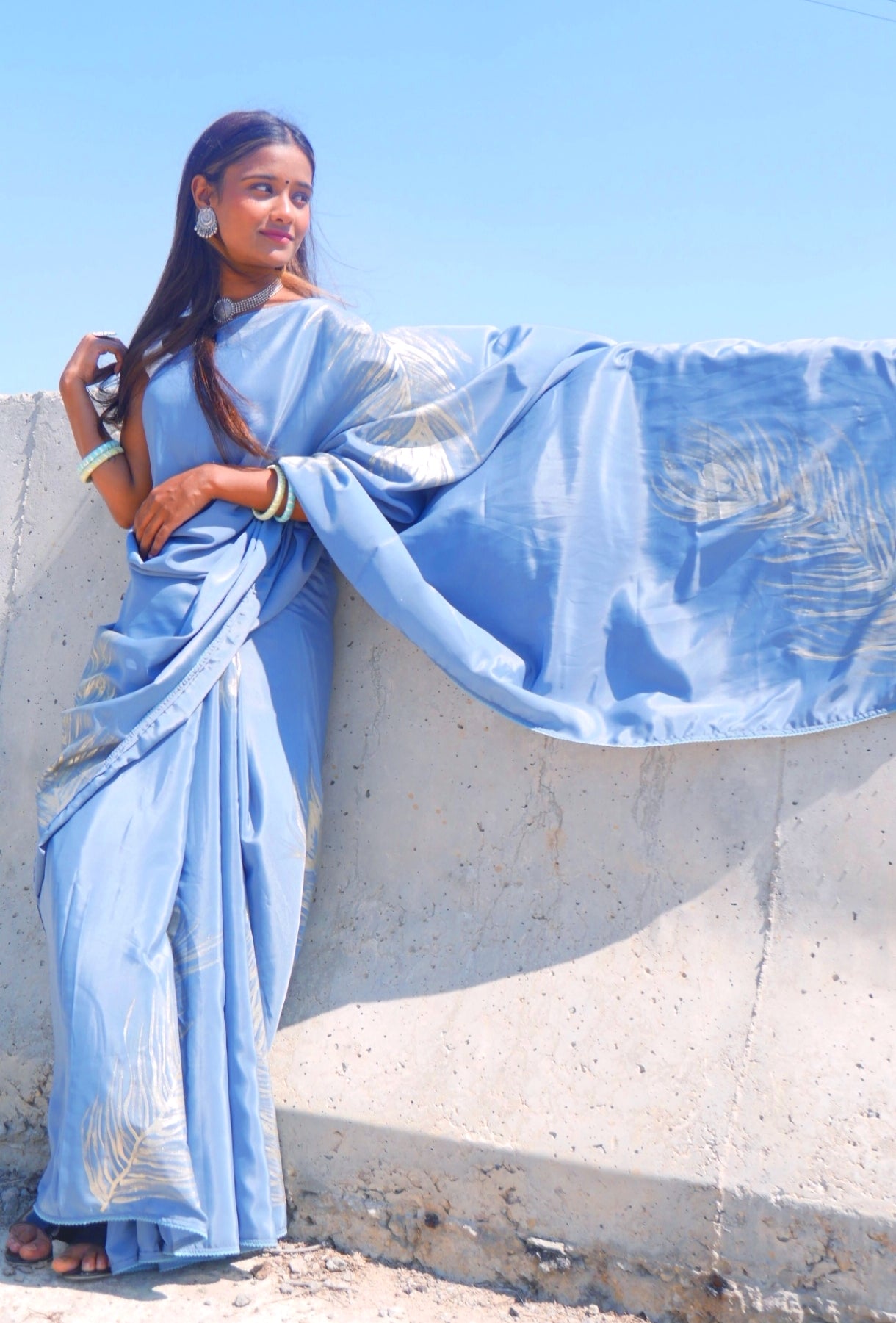 Grey crepe silk  handpainted feather saree