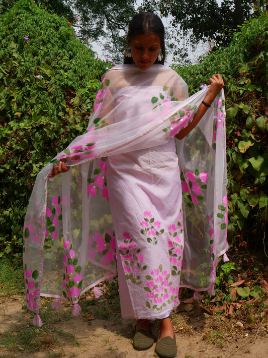 Hand painted bougainvillea on chanderi and organza dupatta