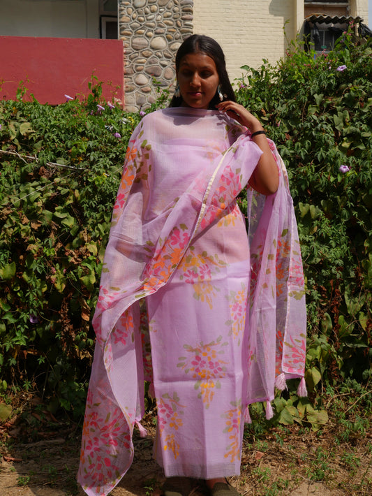 Lavender handpainted amaltas on pure kota doria