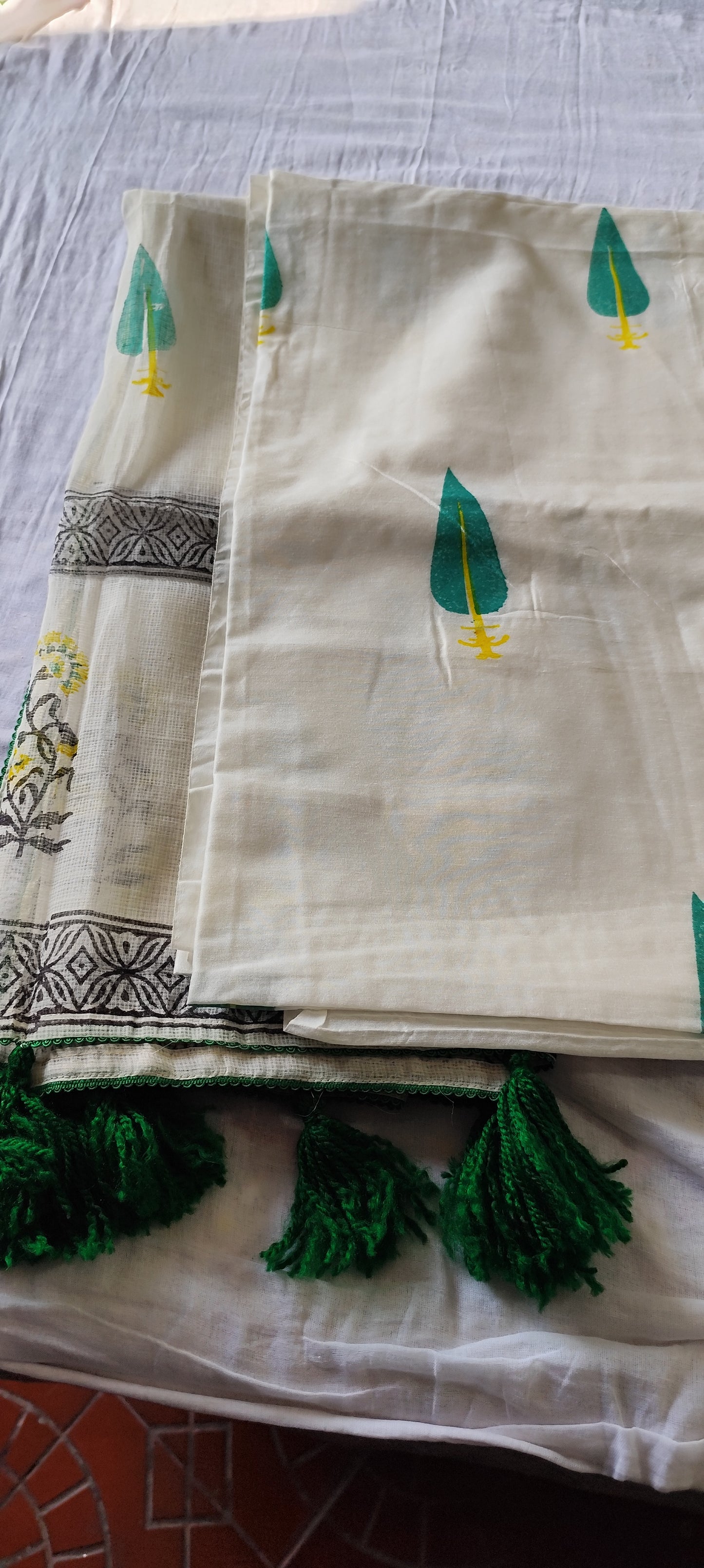 Handblock chanderi silk suit with green leaves