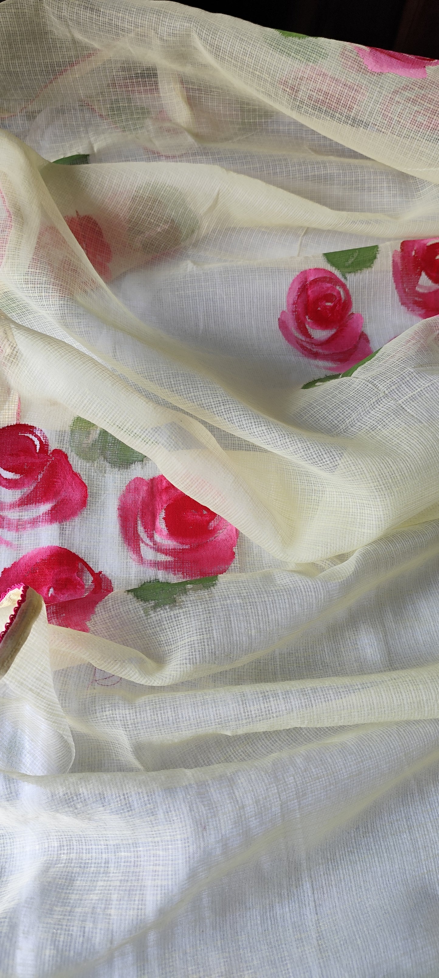 Lemon Handpainted roses on kota doria suit
