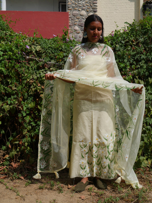 Pista green Handpainted white motifs on chanderi and organza dupatta.