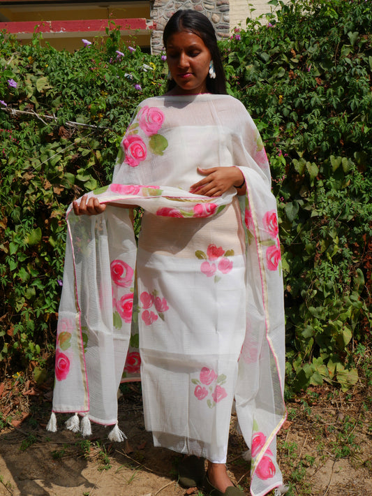Hand painted roses on white kota doria suit